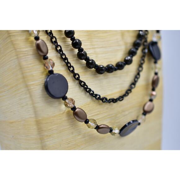 CG Statement Necklace Black Beaded Bronze Faux Crystal Triple Strand Shiny Bin5 - Picture 1 of 12